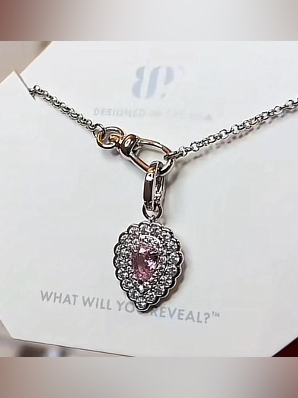 Bomb Party Rhodium and  Pink Teardrop Halo Pendant Necklace